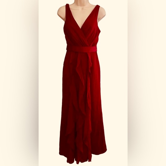 White by Vera Wang Dresses & Skirts - WHITE BY VERA WANG Womens Dress Chiffon Gown Size 8 Red Ruffles Wrap Bust Belted